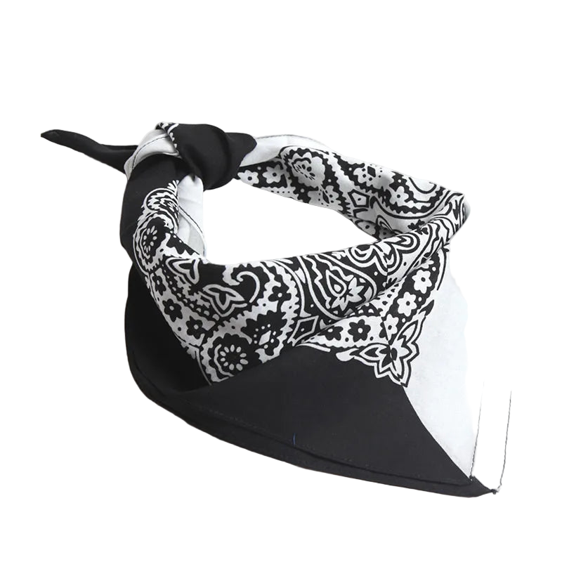 Black and white bandana with a floral pattern on a white background