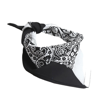 Black and white bandana with a floral pattern on a white background