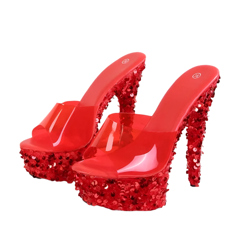 Sequined PVC platform stilettos with peep toe for resort evenings

