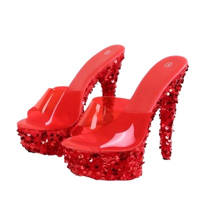 Sequined PVC platform stilettos with peep toe for resort evenings

