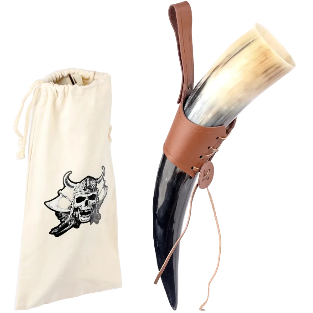 Viking Drinking Horn Mug | Medieval Tankard with Leather Holder