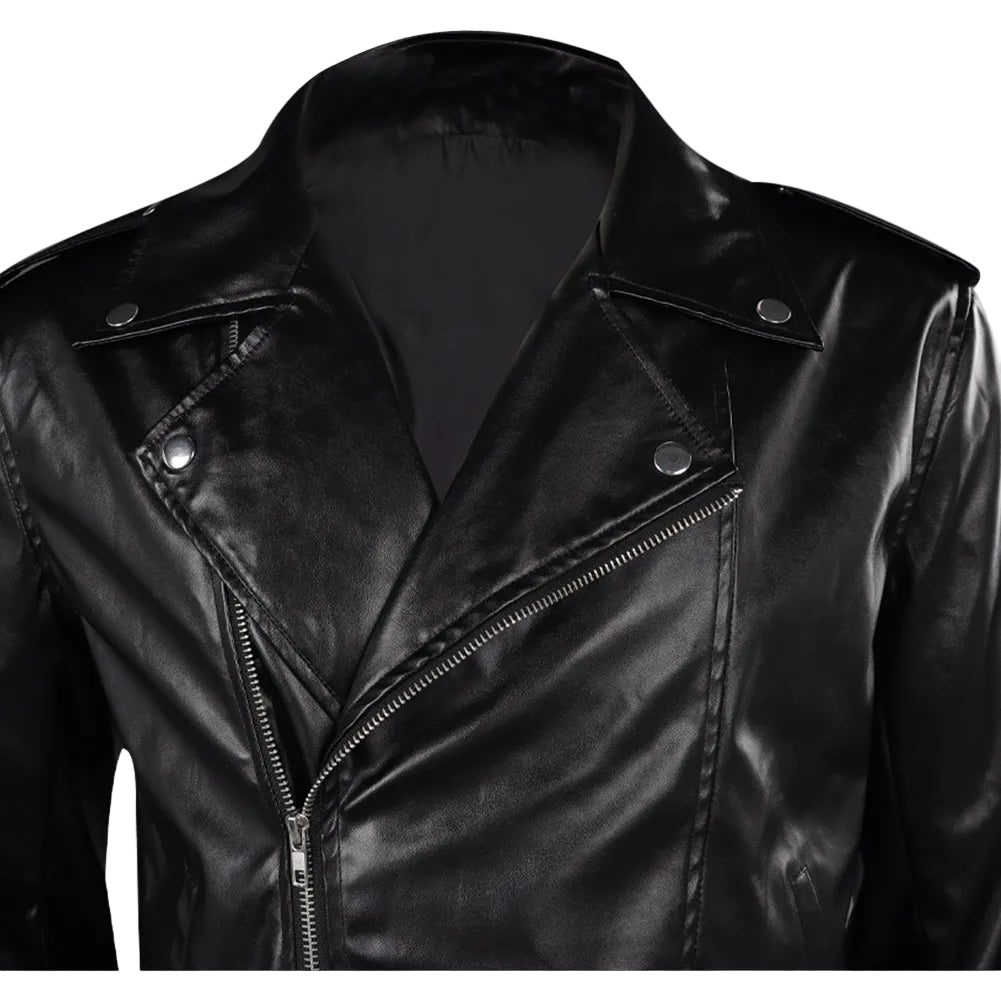 Close-up of a black leather jacket with a zipper on a white background