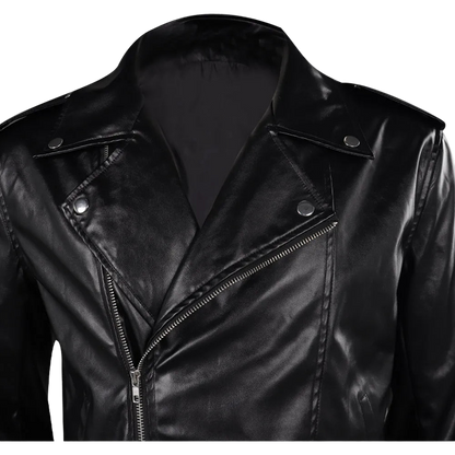Close-up of a black leather jacket with a zipper on a white background