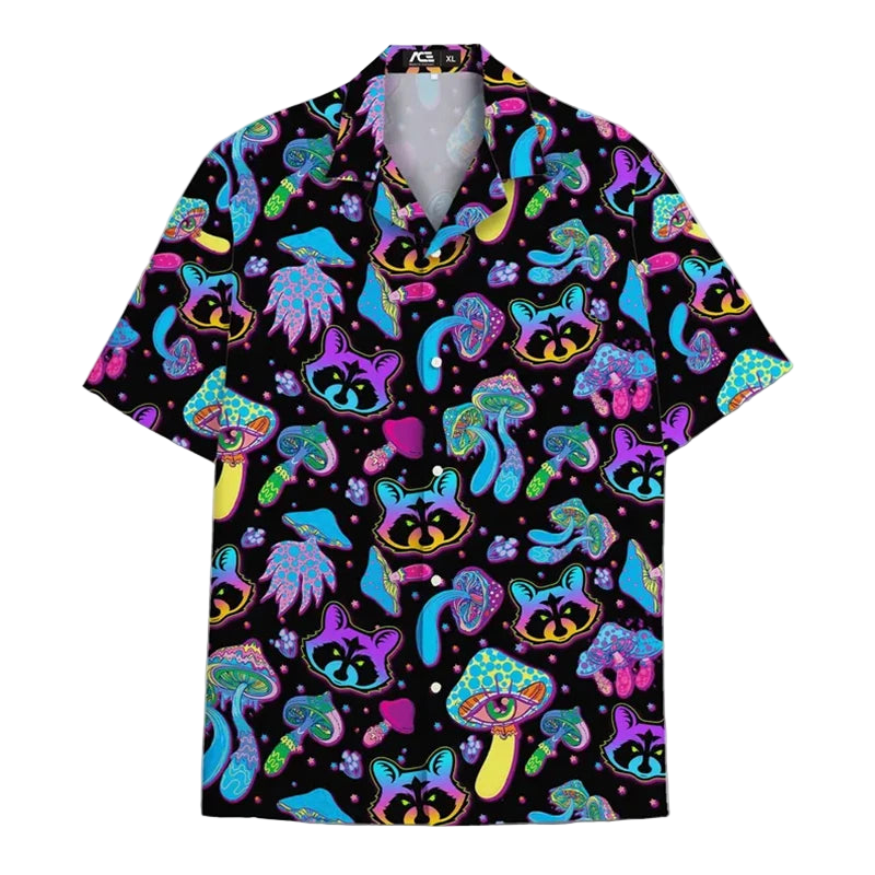 Colorful shirt with raccoon and mushroom pattern on a black background