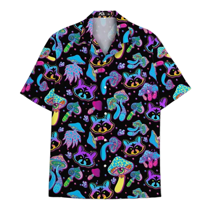 Colorful shirt with raccoon and mushroom pattern on a black background