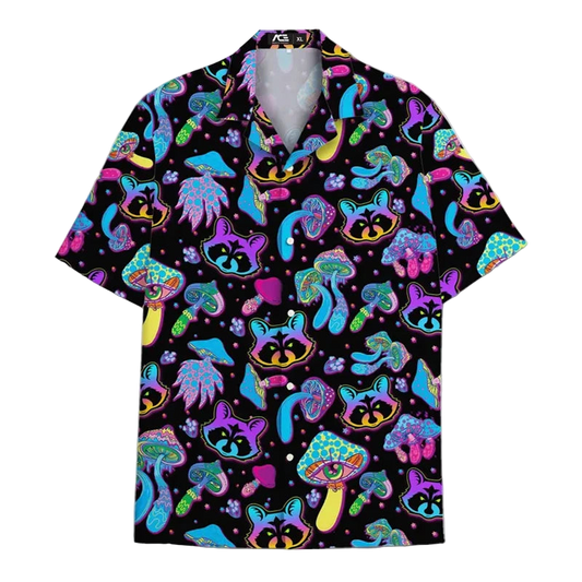 Colorful shirt with raccoon and mushroom pattern on a black background