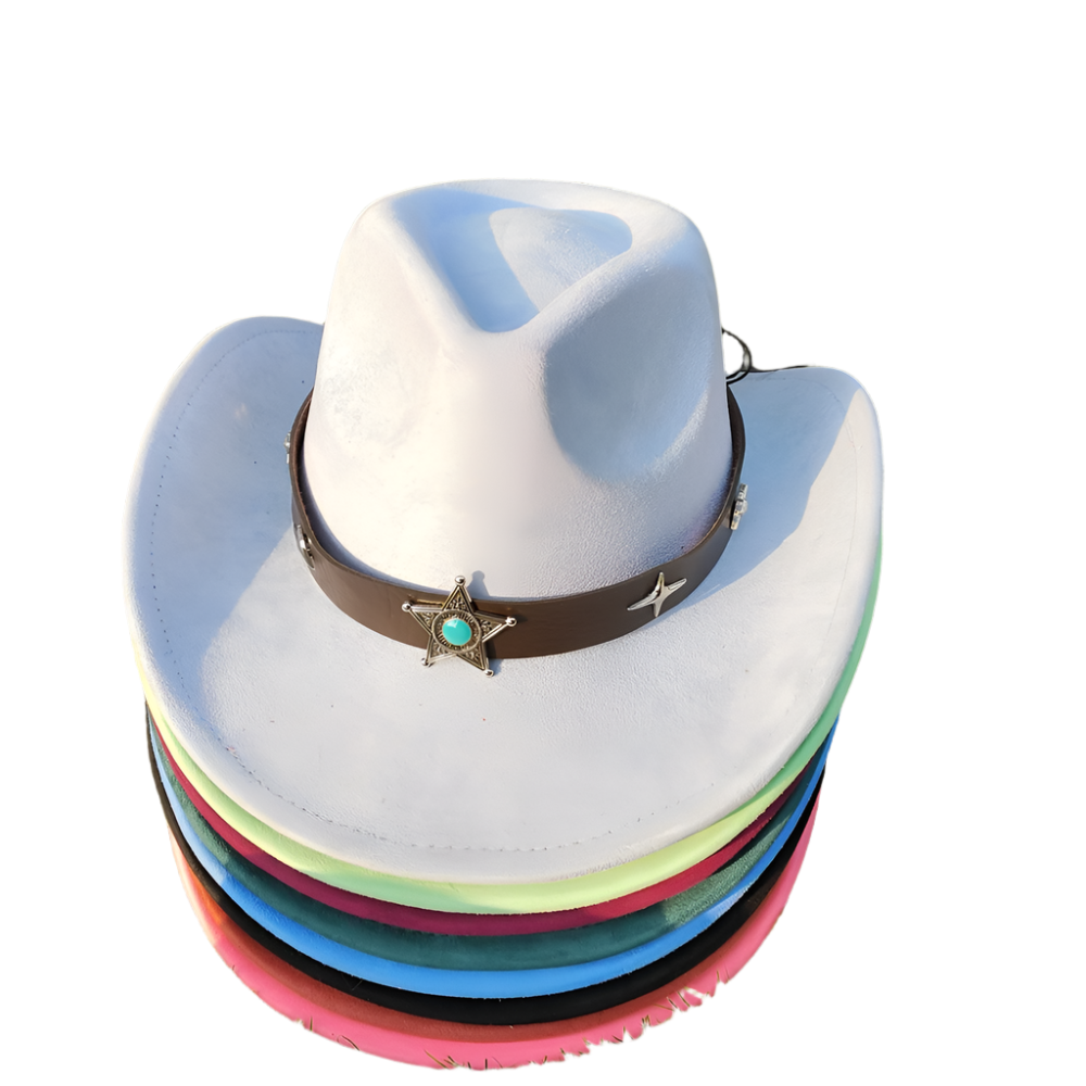 Stack of colorful cowboy hats with a star emblem on a grassy background