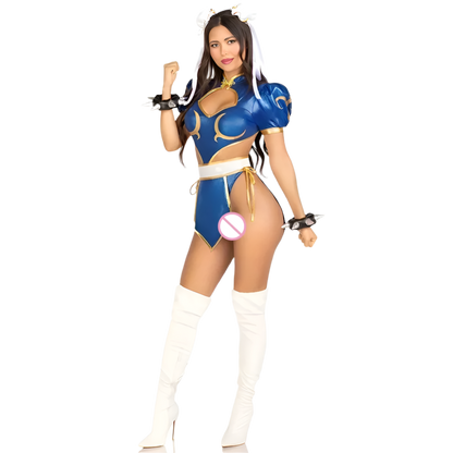 Street Fighter 4-piece anime costume set with headpiece for resort gaming nights

