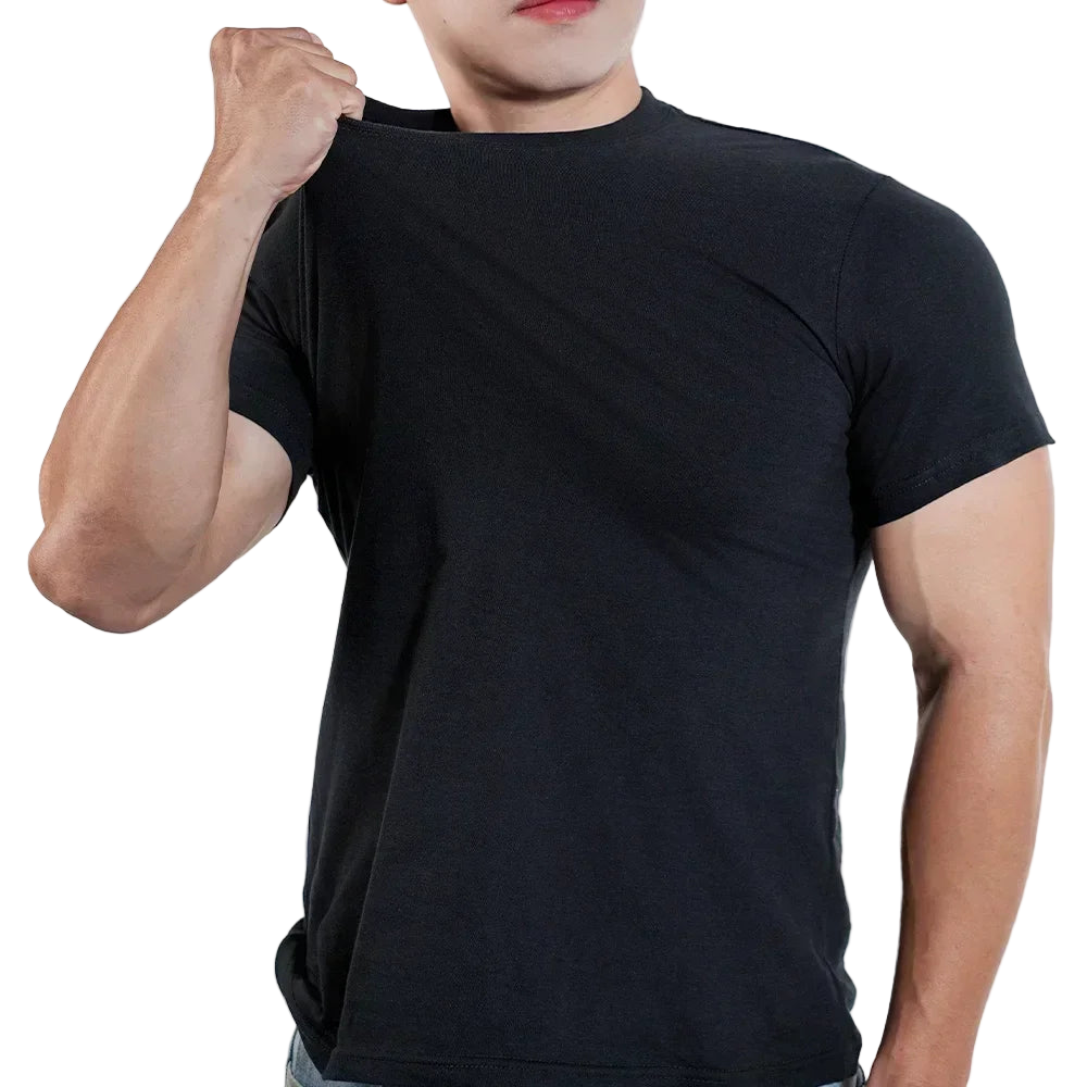Person wearing a black t-shirt against a plain background