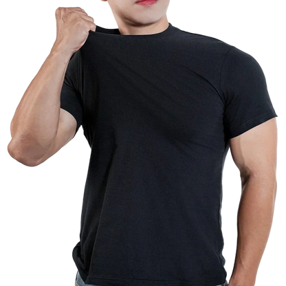 Person wearing a black t-shirt against a plain background