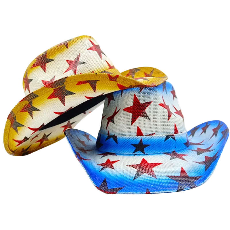 Two cowboy hats with star patterns on a white background