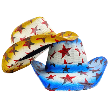 Two cowboy hats with star patterns on a white background