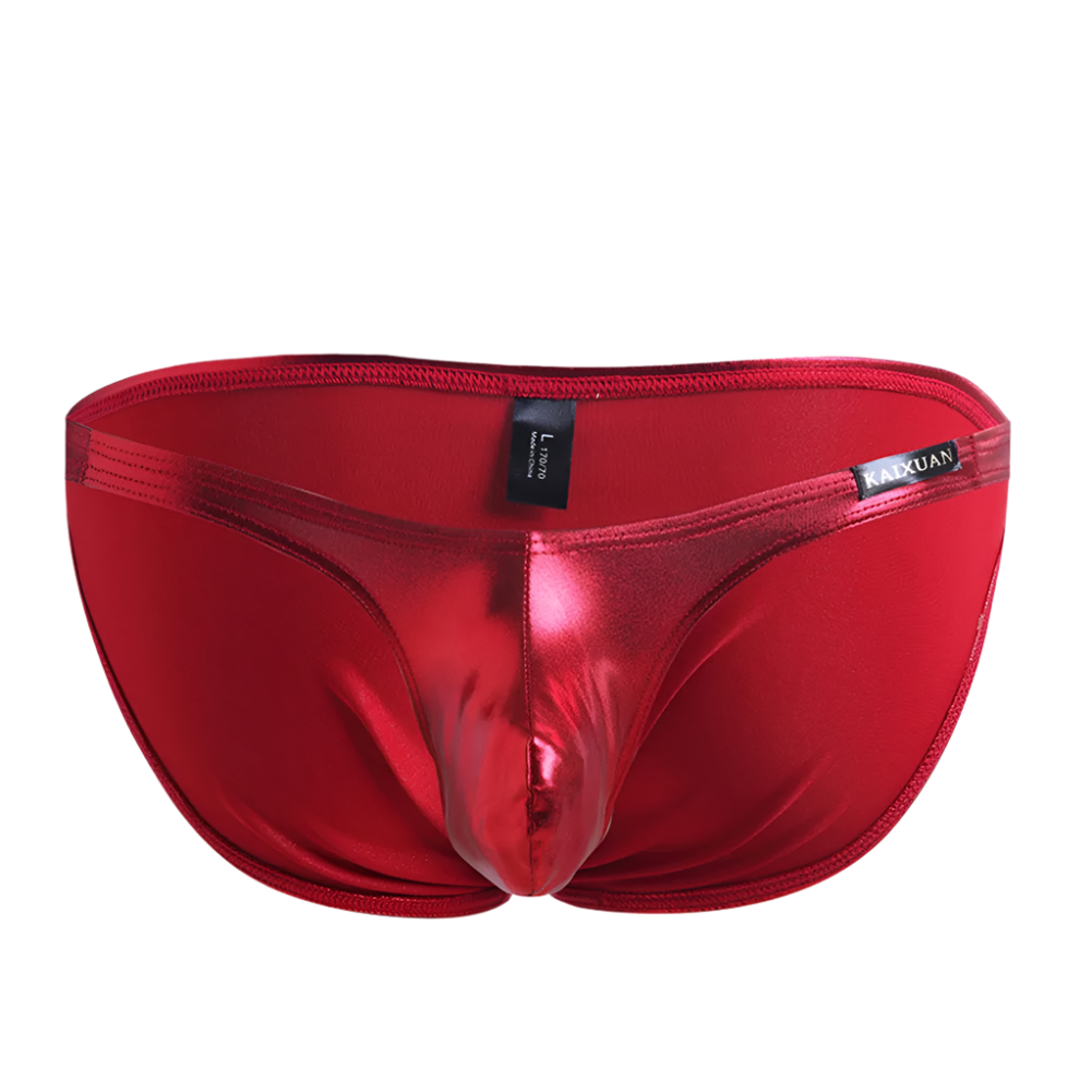 Red metallic underwear with brand labels on a white background