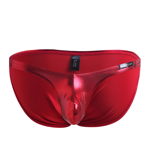 Red metallic underwear with brand labels on a white background
