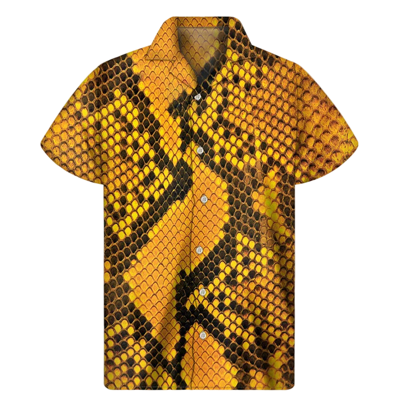 Short-sleeve shirt with a yellow and black pattern on a white background