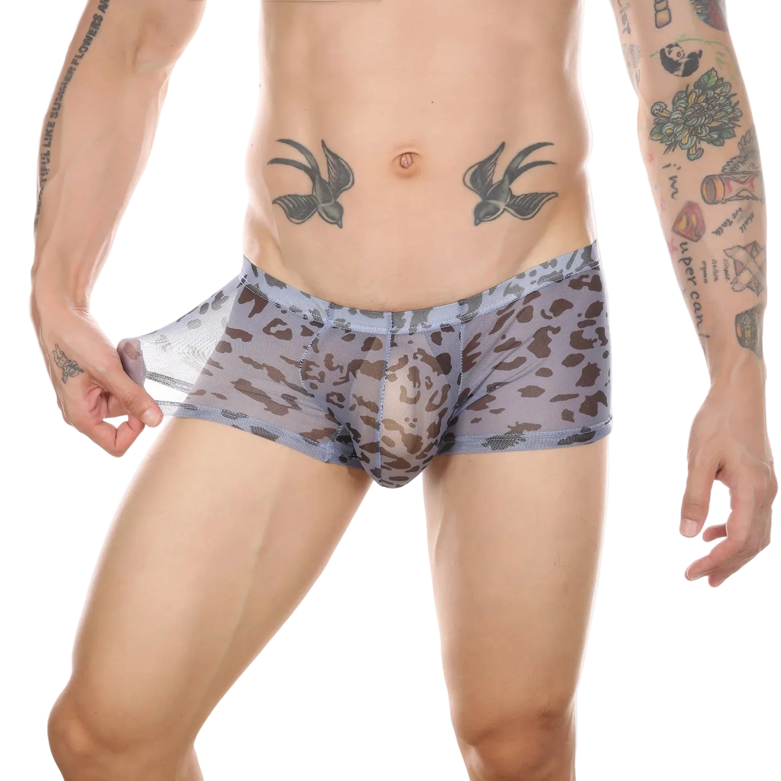A close-up of a male model wearing low-rise boxer briefs with a gray and brown leopard print pattern, shown against a solid white background.