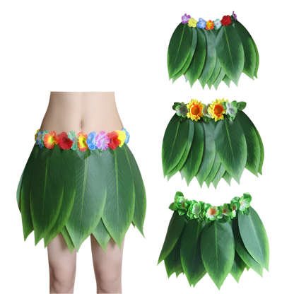  Hawaiian-style hula skirt made from large green leaves arranged in layers, decorated with colorful tropical flowers along the waistband. Multiple variations shown with different flower color combinations, including sunflowers and hibiscus blooms.