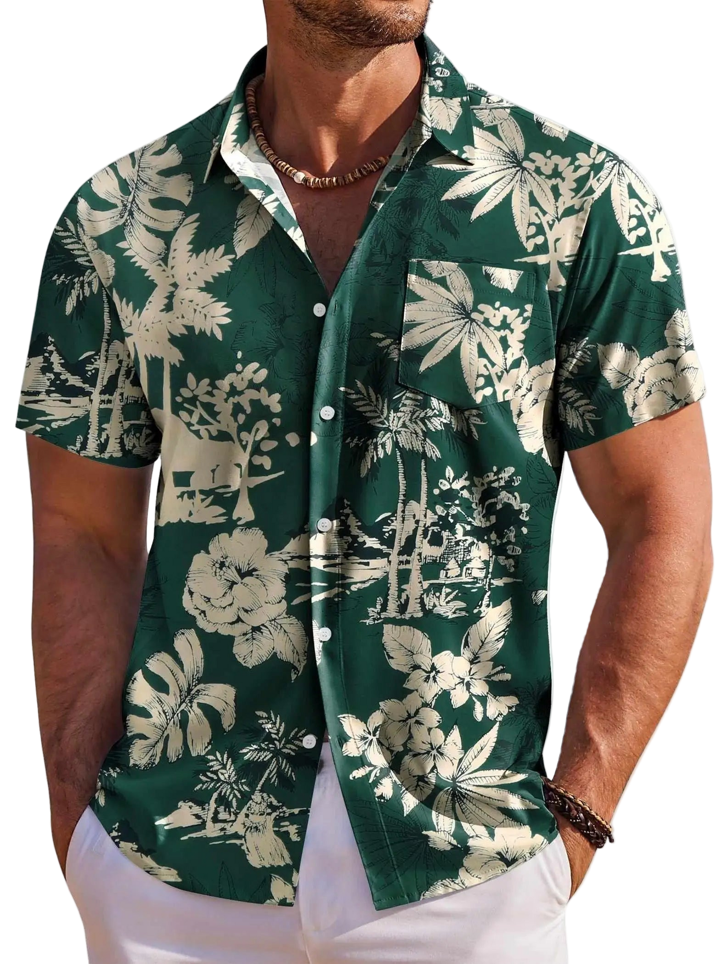 Man wearing a green floral patterned shirt against a white background