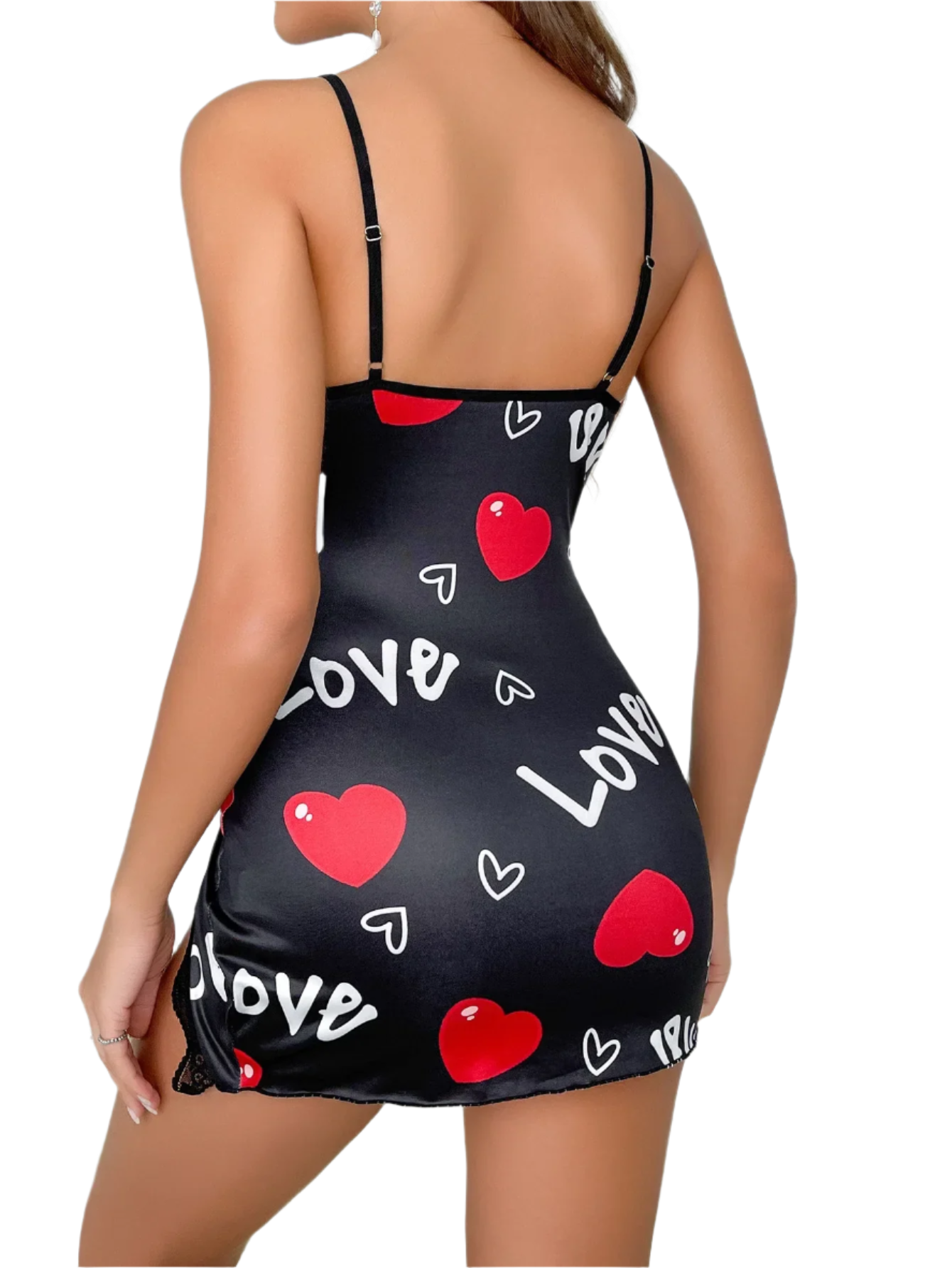 Love-Themed Slip Dress: A black slip dress with red heart motifs and the word "Love" printed throughout. It features lace trim and red ribbon accents, creating a romantic and playful style.