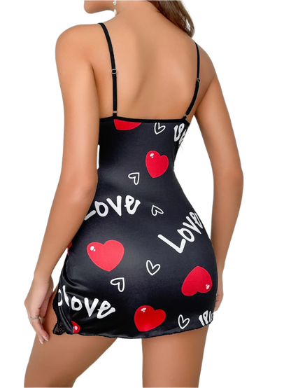 Love-Themed Slip Dress: A black slip dress with red heart motifs and the word "Love" printed throughout. It features lace trim and red ribbon accents, creating a romantic and playful style.