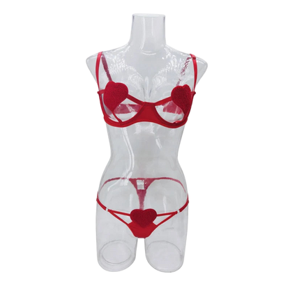 Red heart-themed lingerie set on a mannequin against a white background