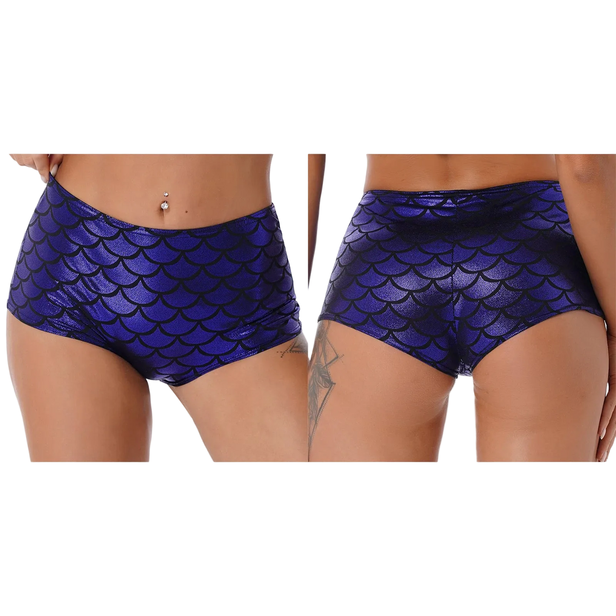 A side-by-side front and back view of a model wearing high-waisted mermaid scale print bikini bottoms in metallic purple and black.