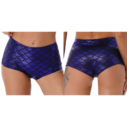 A side-by-side front and back view of a model wearing high-waisted mermaid scale print bikini bottoms in metallic purple and black.