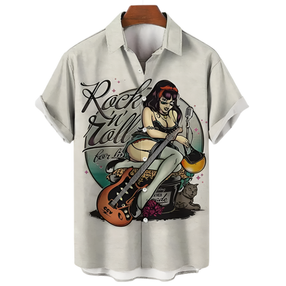 Beige shirt with a graphic design of a woman playing guitar and 'Rock n Roll' text on a hanger.