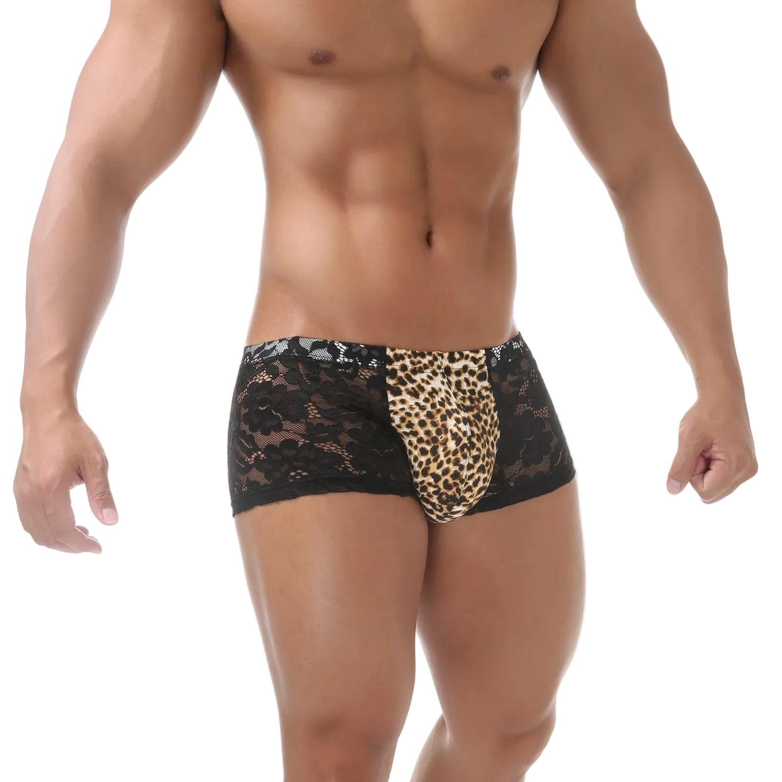 Man wearing black lace underwear with leopard print accents on a white background