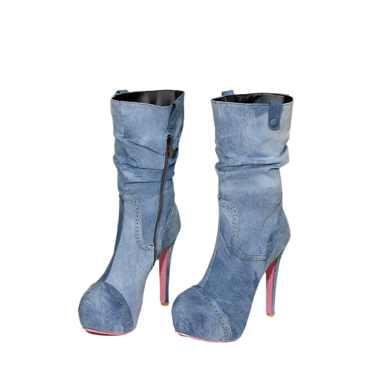 Pair of blue high-heeled boots with red soles on a beige background