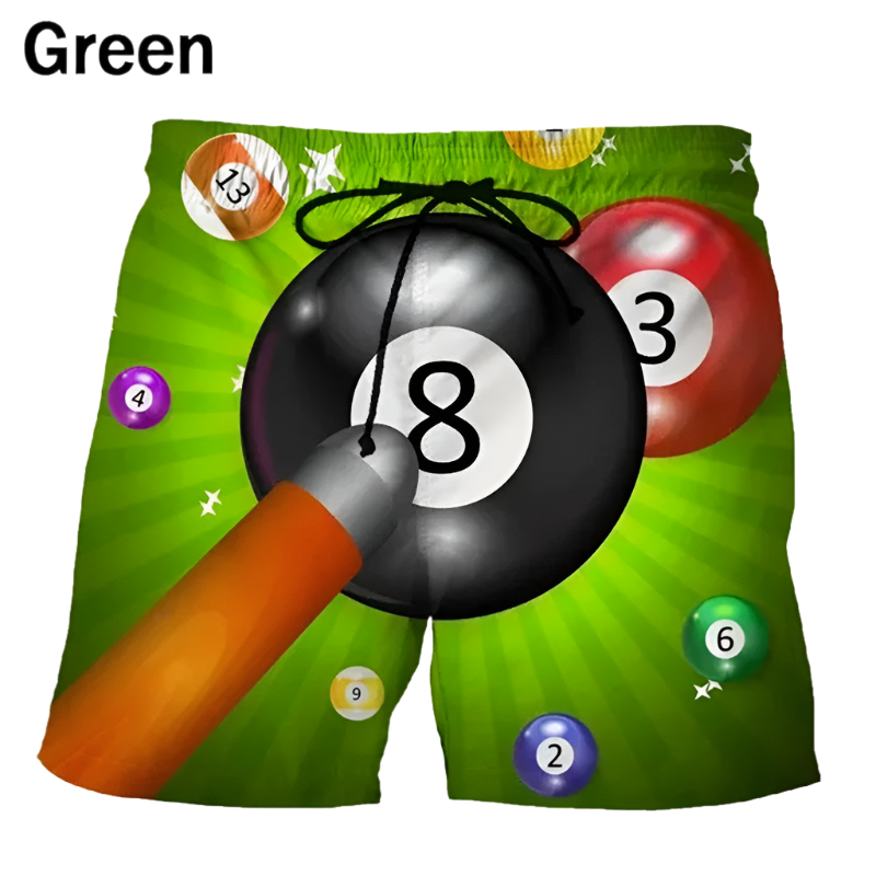 Billiard Shorts: A collection of colorful shorts with billiard ball graphics. Each pair features vibrant designs with different pool ball themes, adding a fun and sporty touch.