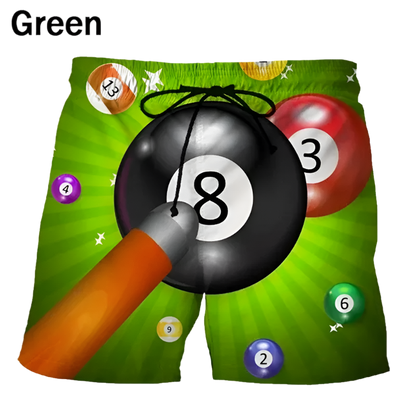 Billiard Shorts: A collection of colorful shorts with billiard ball graphics. Each pair features vibrant designs with different pool ball themes, adding a fun and sporty touch.