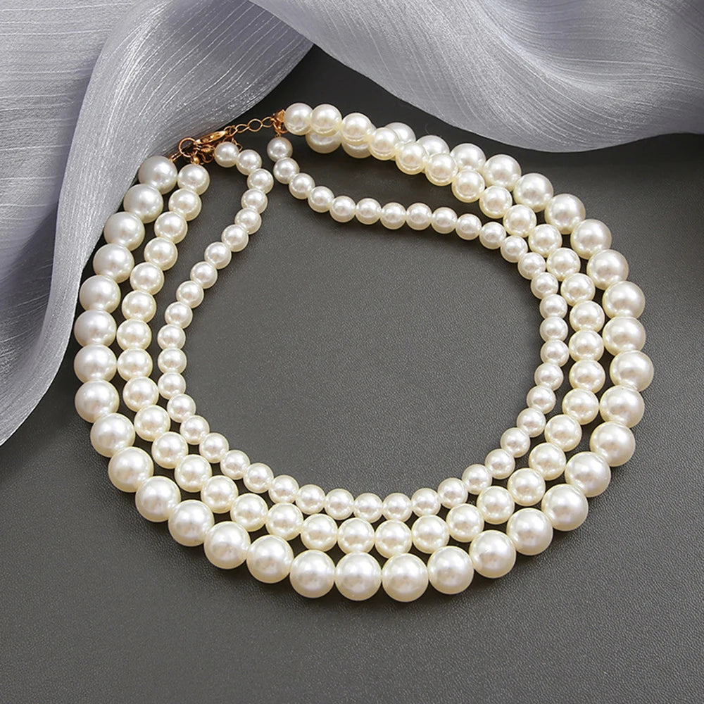 Trendy Vintage Multi Layer Pearl Choker Necklace for Women Fashion Simple 6--13mm Pearl Collar Necklace Wedding Party Jewelry