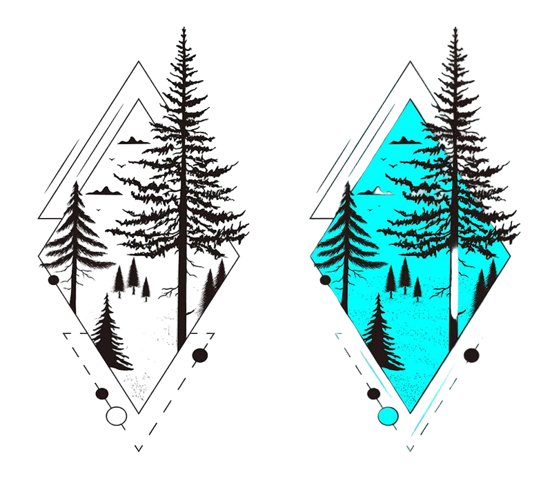 Two geometric designs of trees with a diamond shape on a white and gray background.