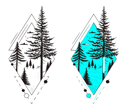 Two geometric designs of trees with a diamond shape on a white and gray background.