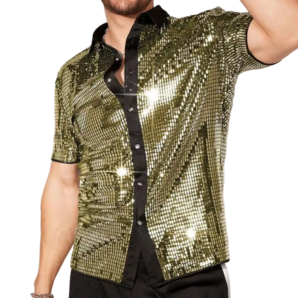 Gold sequin shirt worn by a person on a plain background