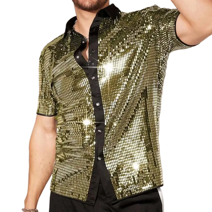 Gold sequin shirt worn by a person on a plain background