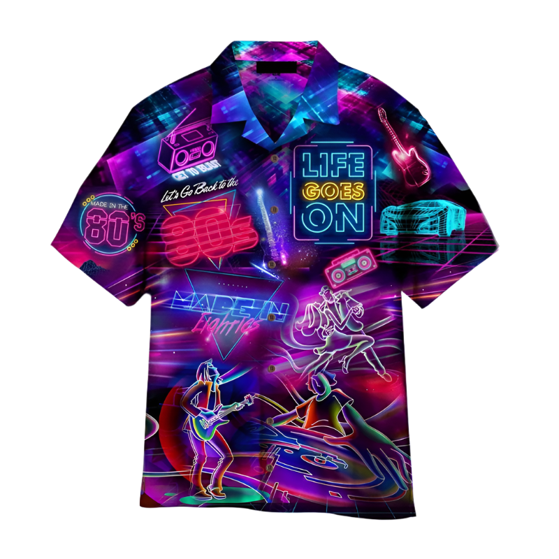 Colorful Hawaiian shirt with neon graphics and text on a white background