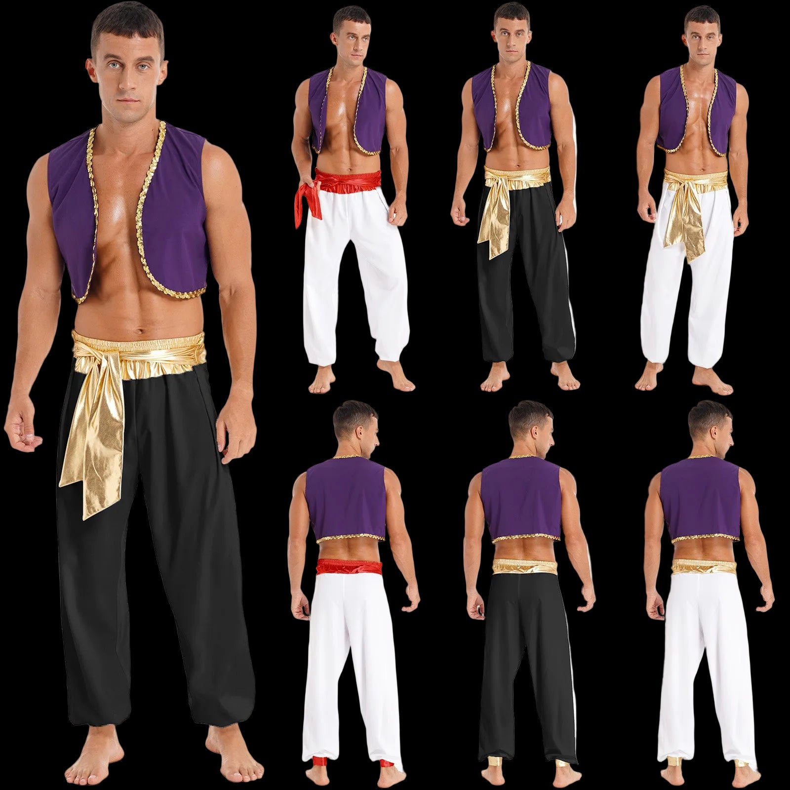 Eight views of a men's costume set featuring a purple vest with gold trim, black or white harem pants, and matching sashes, shown on male models against a white background.