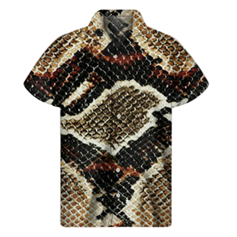 Short-sleeve shirt with snake skin pattern on a white background