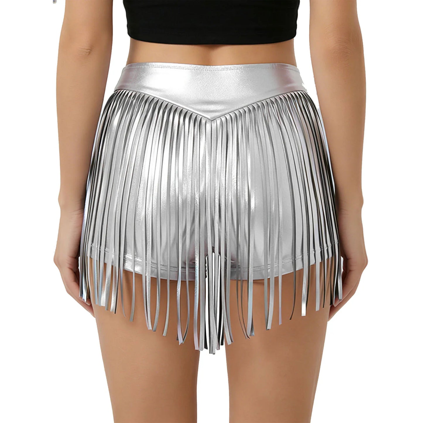 Women Iridescent Metallic Hot Pants with Fringed High Waist Tassel Skirted Shorts Cheeky Shorts Stage Dance Jazz Rock Clubwear