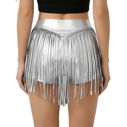 Women Iridescent Metallic Hot Pants with Fringed High Waist Tassel Skirted Shorts Cheeky Shorts Stage Dance Jazz Rock Clubwear