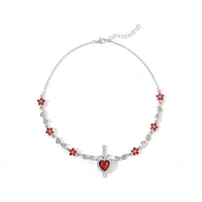 Couple Heart and Sword Necklace Set for Women Men, Zircon Crystal Heart Rose Flower Jewelry Birthday Valentine's Day Gifts
