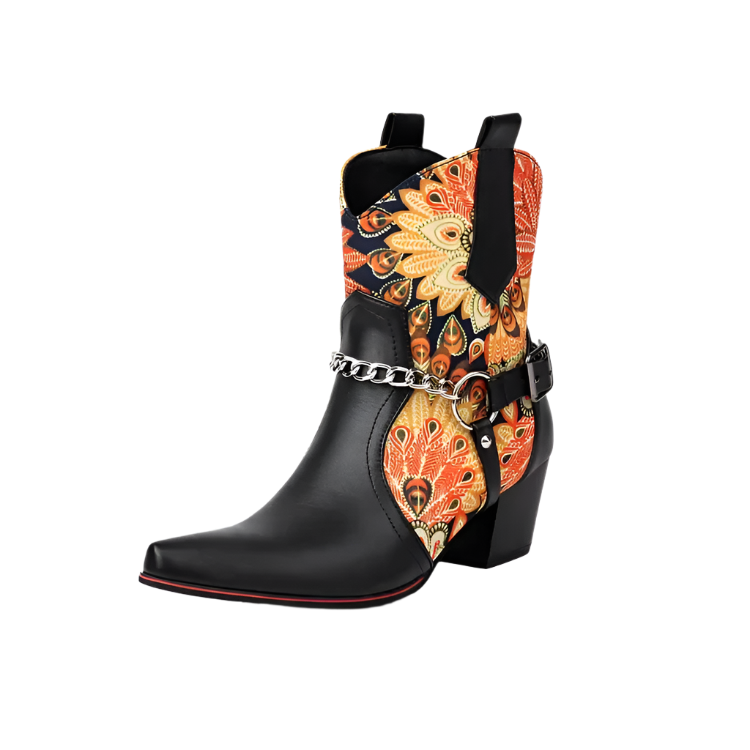 Black ankle boot with colorful peacock feather design on a white background
