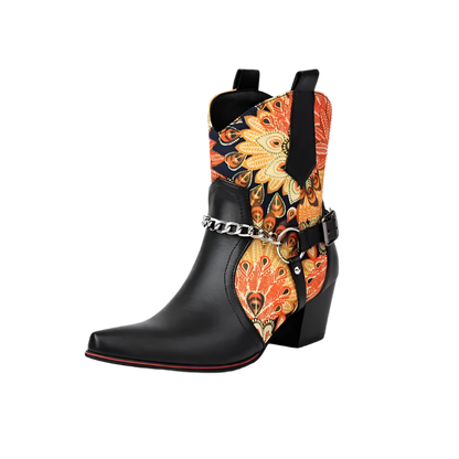 Black ankle boot with colorful peacock feather design on a white background