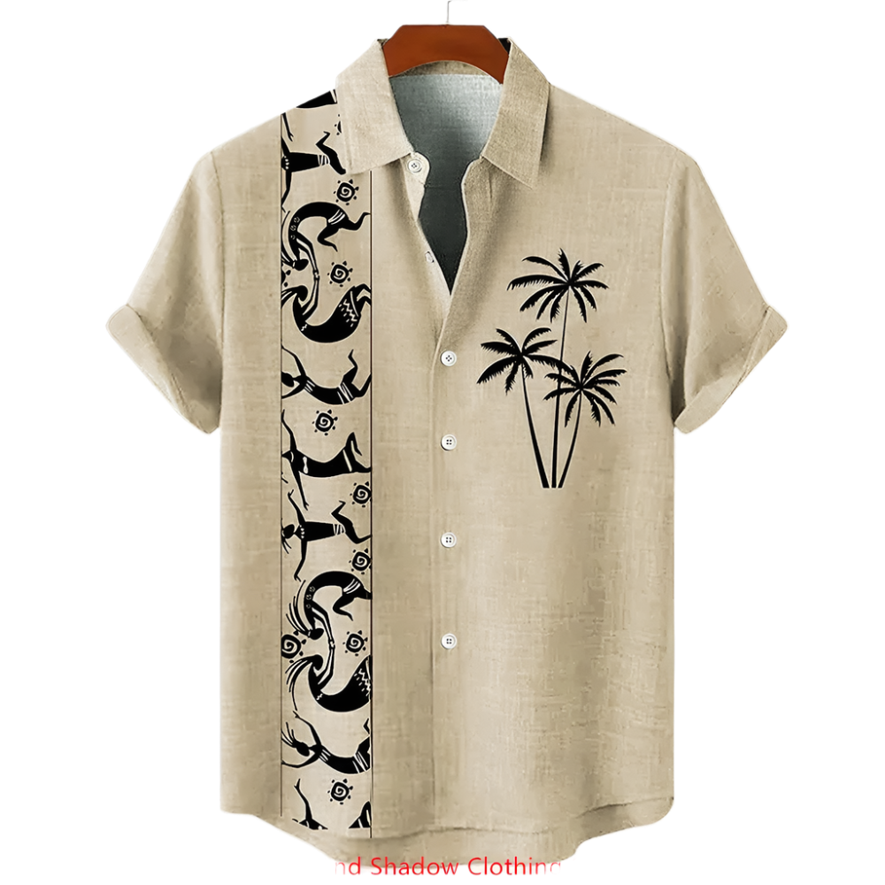 Beige shirt with black palm tree and abstract designs on a hanger against a white background.