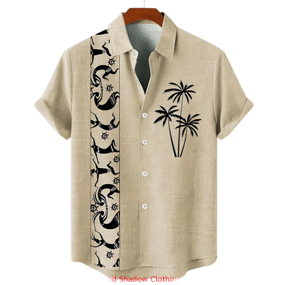 Beige shirt with black palm tree and abstract designs on a hanger against a white background.