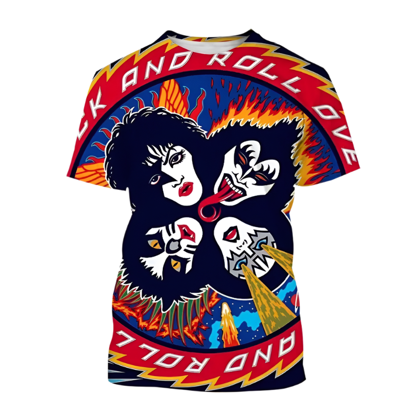 T-shirt with graphic design featuring faces and 'Rock and Roll Love' text on a white background