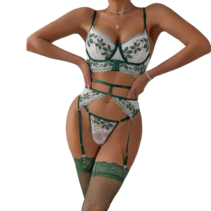 Person wearing green and white lace lingerie set 