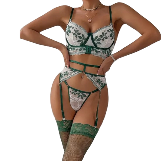 Person wearing green and white lace lingerie set 